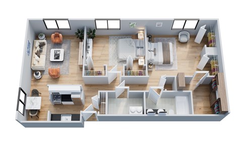 A top-down view of a well-organized apartment with a kitchen, living room, and bedrooms.